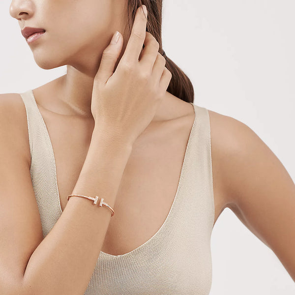 Bracelet fil diamant T en or, or blanc et or rose