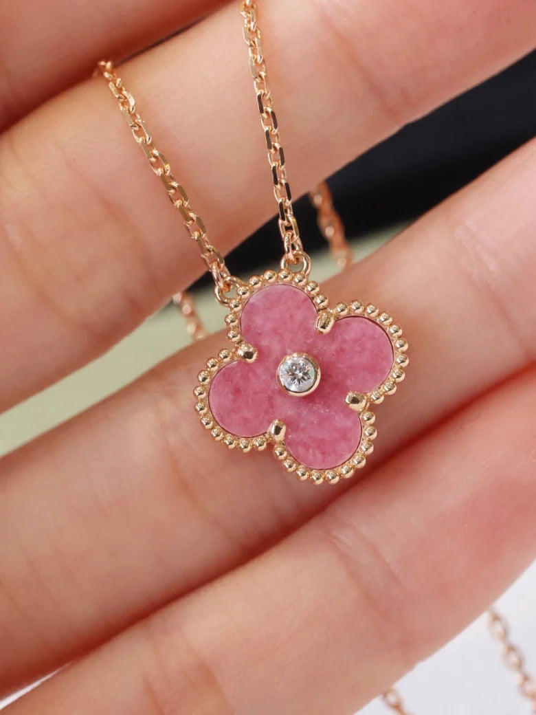 Pink Rose Clover Necklace with Diamonds, Vintage Alhambra pendant