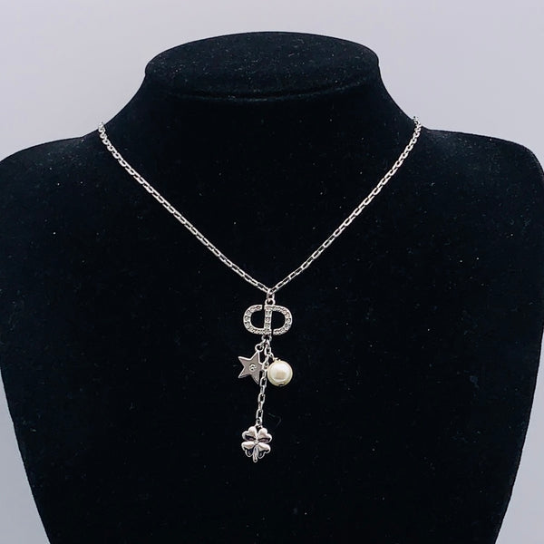 Silver Charm Drop Pendant Necklace – Letter Charm with Star, Pearl & Clover