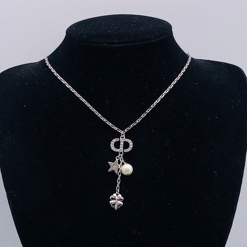 Silver Charm Drop Pendant Necklace – Letter Charm with Star, Pearl & Clover