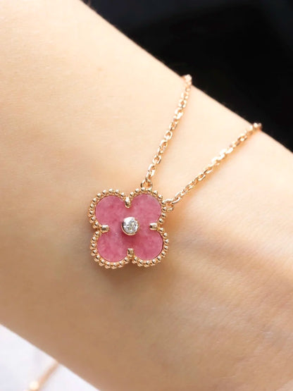 Pink Rose Clover Necklace with Diamonds, Vintage Alhambra pendant