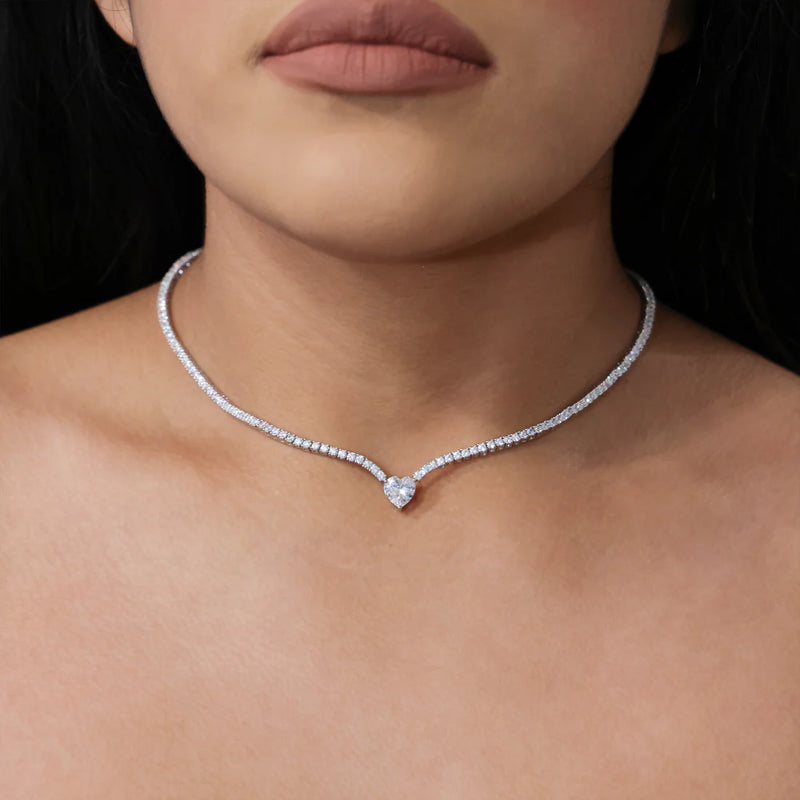 Collier tennis Micro Heart - Or blanc