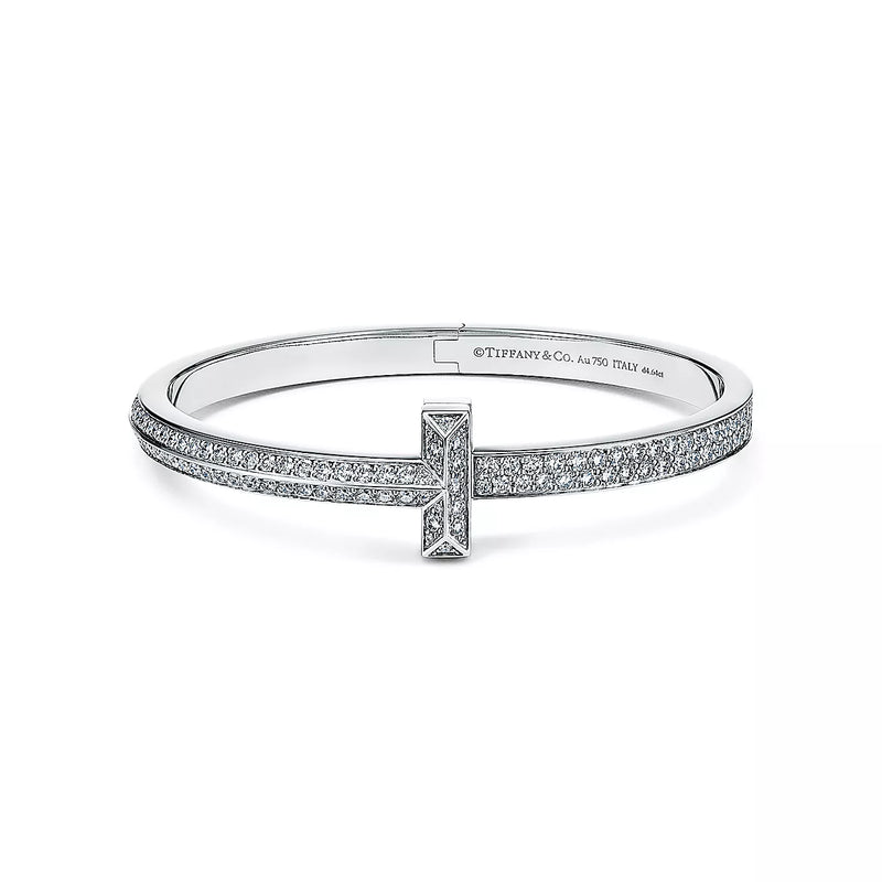 Bracelet jonc large à charnière en diamant T T1, platine et or rose 