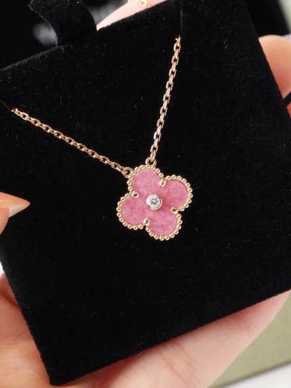 Pink Rose Clover Necklace with Diamonds, Vintage Alhambra pendant