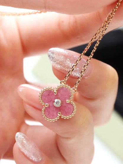 Pink Rose Clover Necklace with Diamonds, Vintage Alhambra pendant